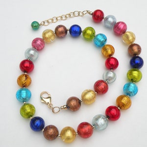 12mm Round Murano Glass, Arlecchino, Gold Foil Venetian Bead Necklace with Gold Filled Clasp and Adjustable Link Chain