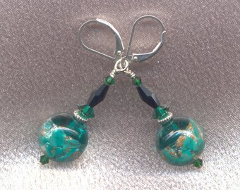 Earrings, Murano Glass 14mm Venetian Beads, Silver Foil, Lagoon Green, Aventurina, Faceted Crystals, Sterling Silver Lever Backs, or Posts