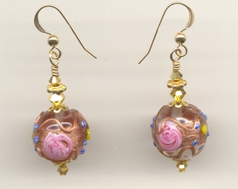 Vintage Italian Fiorato Wedding Cake Beads, 14mm Crystal Clear Murano Glass, Handmade Venetian Bead Earrings, Swarovski Crystals