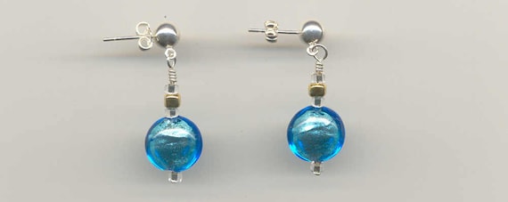 Pendientes De Cristal De Murano Auténtico venecianos Oro Azul Hecho A Mano
