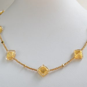 Crystal Clear Murano Glass, with 24 Karat Gold Foil Venetian Bead Necklace, Handmade 11mm Diagonal Flat Cubes, Adjustable Length 17-19 Inch