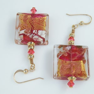 Rubino Pink Murano Glass, Luna 20mm Square Venetian Bead Earrings Handmade with 24 Karat Gold Foil, Silver Foil, Aventurina & Crystals image 4