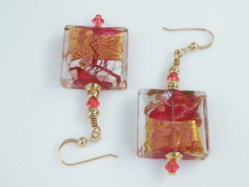 Rubino Pink Murano Glass, Luna 20mm Square Venetian Bead Earrings Handmade with 24 Karat Gold Foil, Silver Foil, Aventurina & Crystals image 4