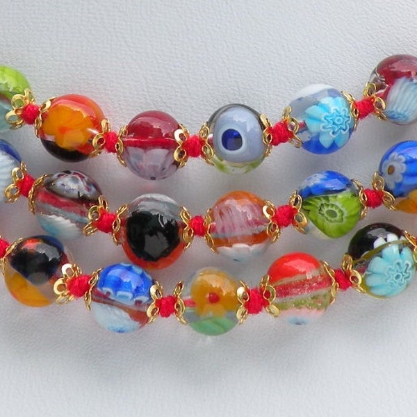 Verre de Murano, rond 8 mm, collier Millefiori à fond transparent, 17 à 19 pouces de longueur réglable, chaîne et fermoir en or, fil noué rouge