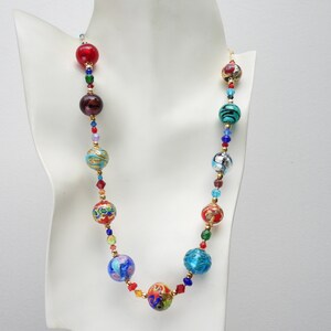Murano Art Necklace, Assorted Round Venetian Glass Beads with Gold, Silver, White Gold Foil; Gold Clasp, 20 1/2 Inches image 8