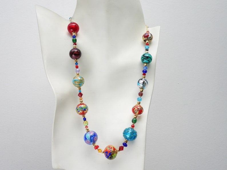 Murano Art Necklace, Assorted Round Venetian Glass Beads with Gold, Silver, White Gold Foil; Gold Clasp, 20 1/2 Inches image 8