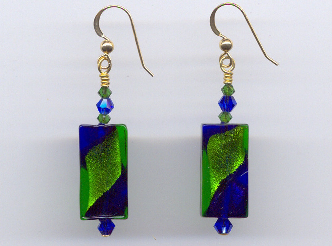 Murano Glass Earrings, Cobalt Blue and Emerald Green Venetian Glass Bead Rectangles With 24 ...