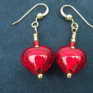 Small Red Murano Glass Heart Earrings, with 24 Karat Gold Foil, Handmade Venetian Beads, Gold Filled Wires, or Posts, or Leverbacks