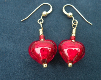 Small Red Murano Glass Heart Earrings, with 24 Karat Gold Foil, Handmade Venetian Beads, Gold Filled Wires, or Posts, or Leverbacks