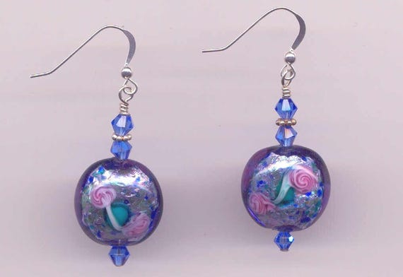 Murano Glass Lily Pad Earrings, Sterling Silver, Monet Style