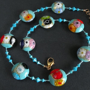 Turquoise Murano Glass Necklace, 21mm Venetian Bead Discs, Millefiori Lente Shaped Handmade Beads, Swarovski Crystals, Gold Filled Clasp