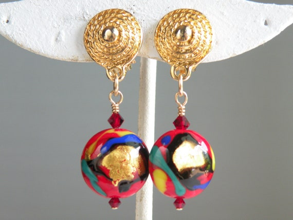 Red Murano Glass Venetian Bead Earrings, Miro Design, 16mm