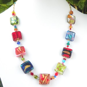 Square Shaped Venetian Bead Necklace, Artistic Murano Glass with Gold Foil, Silver Foil, Faceted Crystals, Gold Filled Clasp, 21 Inches