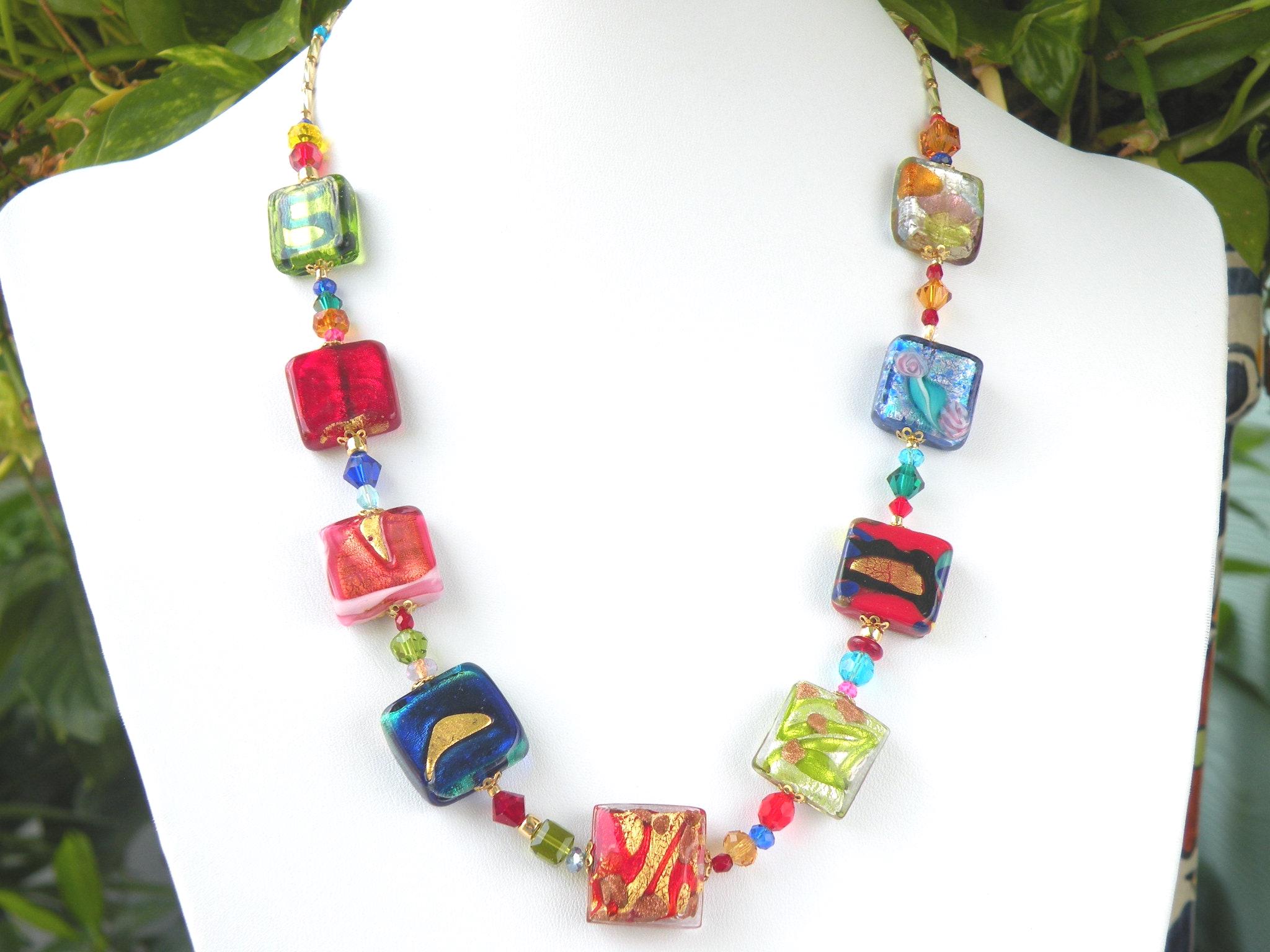 Collier Vintage Perles En Verre Multicolore - 2 Rangées, Fermoir Argent 925 - Occasion Excellent état