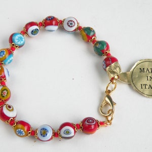 Vintage, Millefiori, contas venezianas redondas de 8 mm, fundo vermelho, multicoloridas, vidro Murano, pulseira italiana
