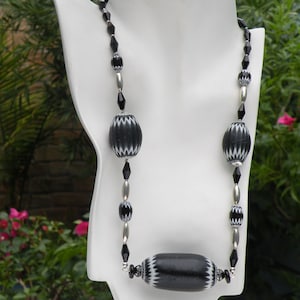 Vintage, Large Black and White Chevrons, 6 Layered, Murano Glass Venetian Beads, One-of-a-Kind Necklace, Sterling Silver Toggle Clasp