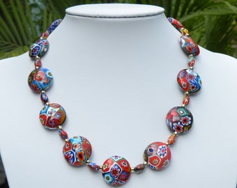 Murano Glass, Venetian Beads, Millefiori Disc Necklace with Small Oval Millefiori, Gold Filled Link Chain & Clasp, Adjustable 17-19 Inches