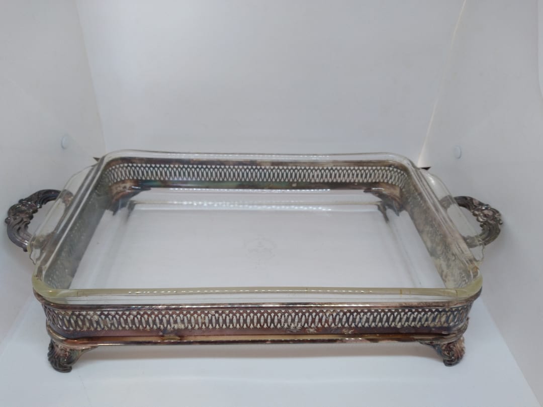 Silver Plated Casserole Dish Stand With Anchor Hocking Glass Dish Etsy