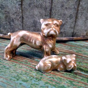 Tiny Ceramic Bulldog Figurines, Miniature Gold Dogs, Mom And Baby