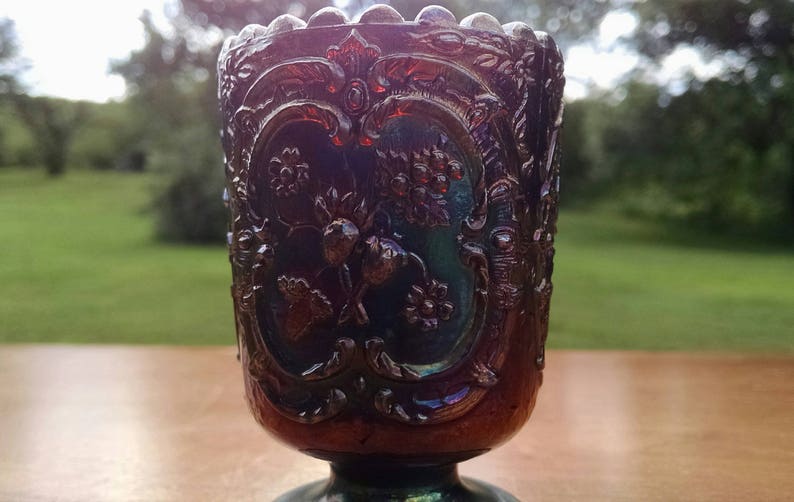 Strawberry Pattern Fenton Red Carnival Glass Footed Toothpick Holder