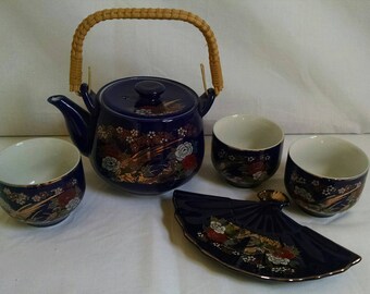 Sato Gordon Tea Set Collection Teapot With Wicker Handle 3 Cups And Porcelain Fan