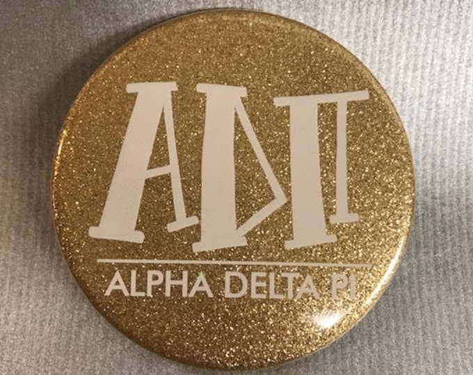 Alpha Delta Pi Glitter Gold Button or Magnet