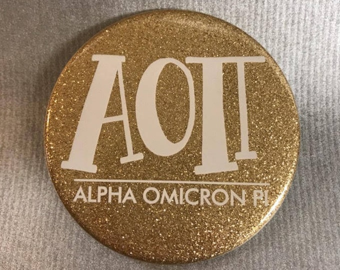 Alpha Omicron Pi Glitter Gold Button or Magnet