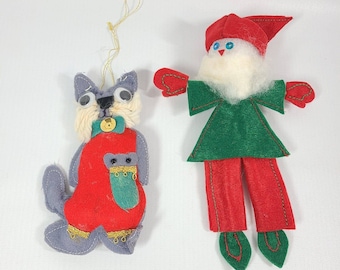Lot of 2 Vintage Felt Christmas Ornaments Handmade Cat Santa