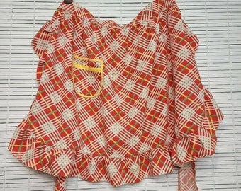 Vintage Half Apron Kitchen Pocket Ruffled Red Gray Green Yellow White Geometric