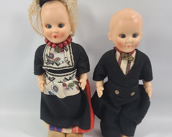Pair of Dutch Souvenir Dolls Celluloid 6.25" Sleepy Blue Eyes