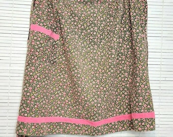 Vintage Half Apron Kitchen Pocket Brown Pink Yellow Green Cottage Floral