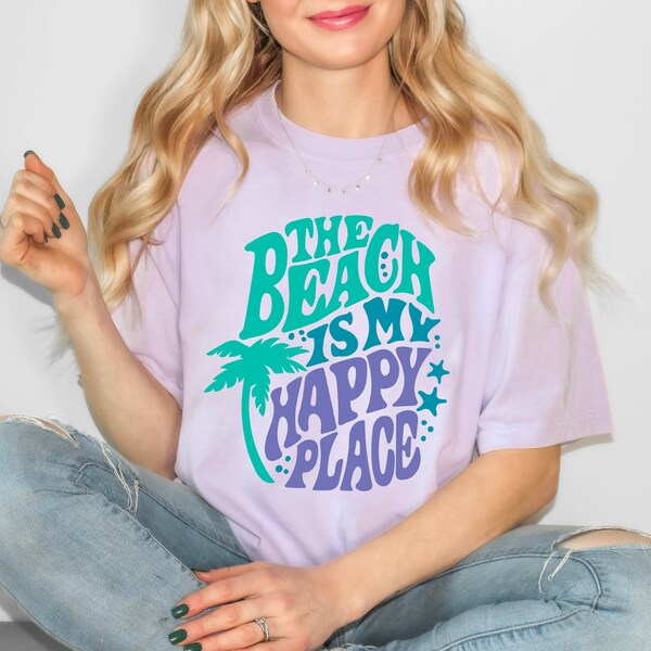 The Beach Is My Happy Place Retro Garment Dyed Short Sleeve Tee | Beach Tee | Unisex Fit Tee | Women's Tee | Summer | Vacation | Travel