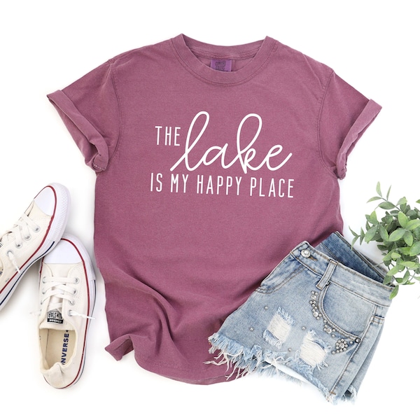 The Lake Is My Happy Place Garment Dyed Short Sleeve Tee | Summer Tee | Lake Life | Unisex Fit | Women's Tee | Sunshine | Gift for Her