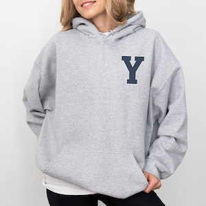 May include: A light gray hoodie with a navy blue letter "Y" patch on the chest. The hoodie has a drawstring hood, a front pocket, and long sleeves. The person is wearing a white shirt underneath.
