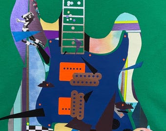 Green Fender Guitar T-Shirt, Abstract Patchwork Design