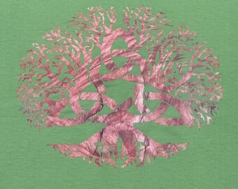 May include: A circular design featuring a tree with intertwined branches and roots, in a reddish-brown color, set against a green background. The tree design has a Celtic knot in the center.
