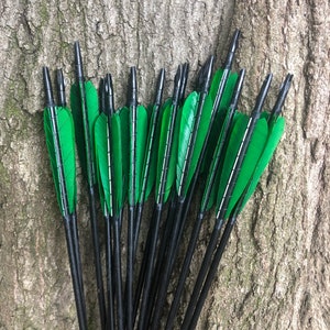 Puede incluir: Un conjunto de flechas de tiro con arco con astiles negros y plumas de color verde brillante. Las flechas están dispuestas sobre un fondo de tronco de árbol marrón texturizado. Las plumas son de color verde brillante.