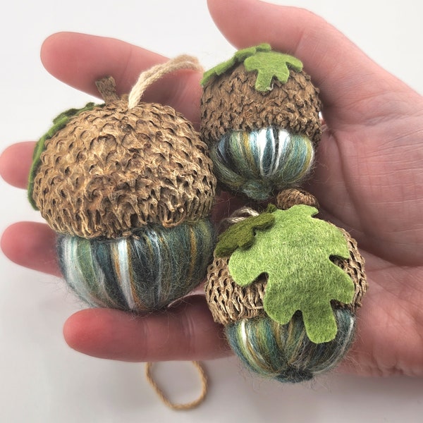 1, 2 or 3 GIANT felted wool and silk burr / bur UNFRINGED oak acorn ornaments in coastal blue green- holiday decor, autumn, Christmas