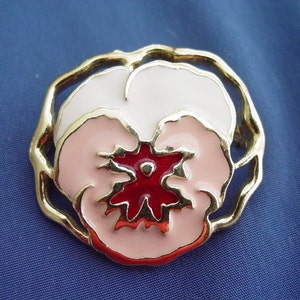 Vintage 1980&#39;s Pink,Red, White and Gold Enamel PANSY Flower pin Brooch by AVON