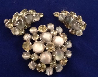 Vintage Demi Parure Grey Moonstone with Rhinestone Brooch and Clip Earrings Unmarked