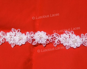 Beaded Flowery Lace, Bridal Lace, Wedding Trim, Lace with Small Beads, Bridal Beaded Trim in White