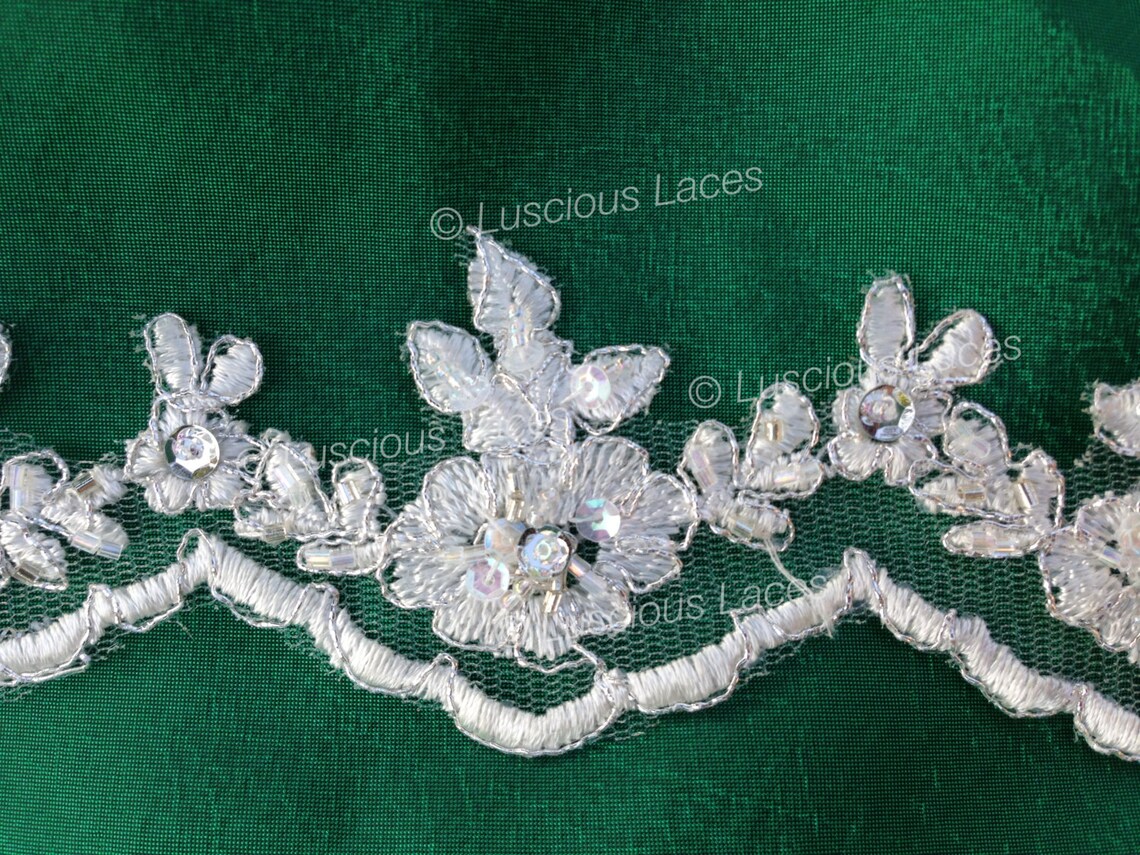 Beaded Lace With Silver Cording Lace With Sequences Etsy