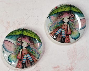 Whimsical Fairy Mirrored Cabochons: 25mm Polymer Clay & Resin Pair