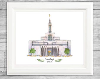 Draper Utah Temple Watercolor Art Print- Personalized Gift, Painting, Wall Decor, Illustration, LDS Art, Wedding Gift, Date