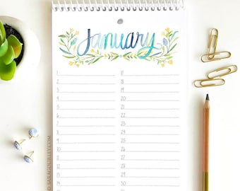 Floral Watercolor Birthday Calendar, Spiral Binding, Perpetual Calendar, Handmade, Botanical Hand Painted Illustration, Gift for Her, Mom