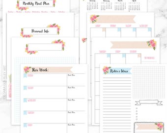 Undated Planner, Printable, Floral, Hand Lettered, Digital Download, Weekly, Monthly, PDF, Letter, Print at Home