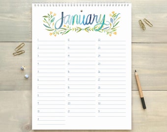 Large Floral Watercolor Birthday Calendar, 8.5&quot;x11&quot; Perpetual Calendar, Handmade, Botanical Hand Painted Illustration, Gift for Mom