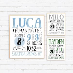 Baby Boy Birth Announcement, Birth Stats Printable, Hand Drawn, Personalized Boy Nursery Decor, Watercolor, gift for mom, Mother&#39;s Day