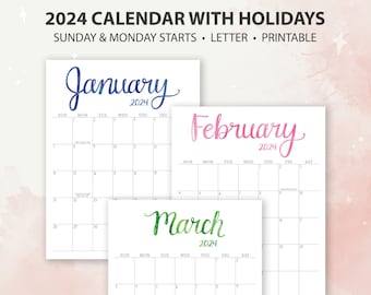 2024 Calendar Printable, Hand Lettered, Minimal, Digital Download, Wall Calendar, Monthly Calendar, Holidays Included