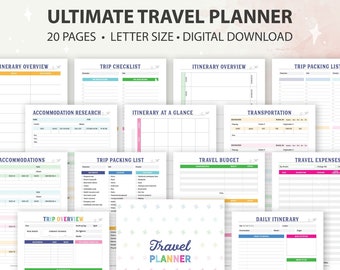 Printable Travel Planner Bundle, Itinerary Planner, Vacation Planner, Trip Planner, Packing List, Digital Download, US Letter